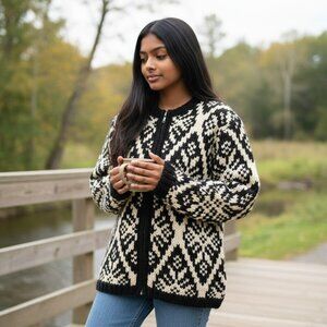 VTG VS Sport Womens Small Cream Black Diamond Wool Long Sleeve Full Zip Sweater